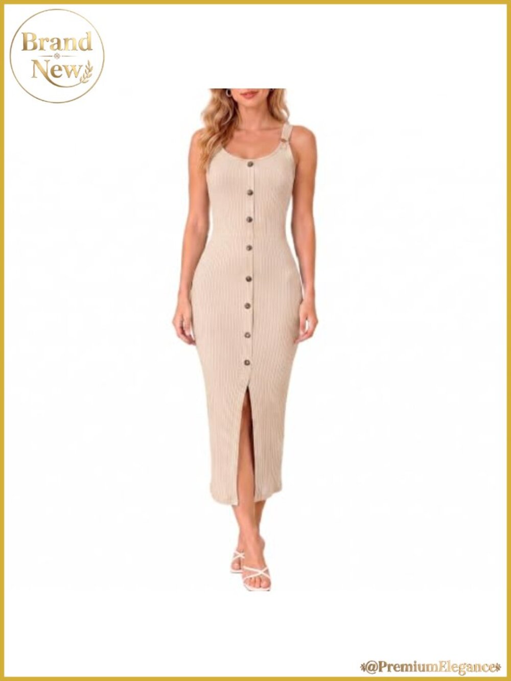 Ribbed Bodycon Midi Dress Sleeveless Button Front Slit Summer Club Dress